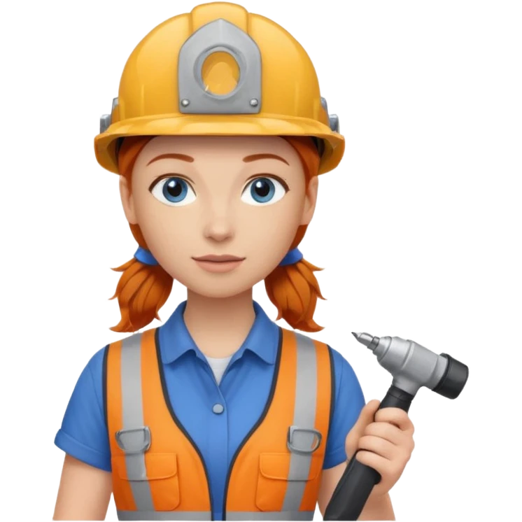 A ginger haired girl blue eyes, handyman Outfit, wearing a Helmet, with drill emoji