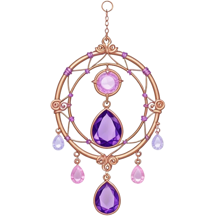 Hanging suncatcher, threads with shiny sparkly amethyst and rose-quartz gemstones,  emoji