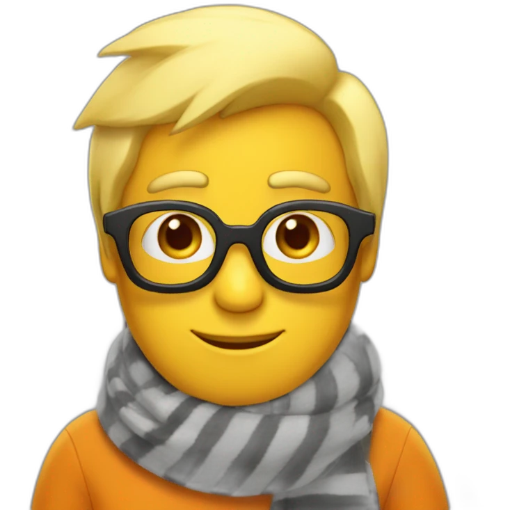 yellow penguin with black glasses dirtyblonde hair with orange tshirt and gray striped scarf emoji
