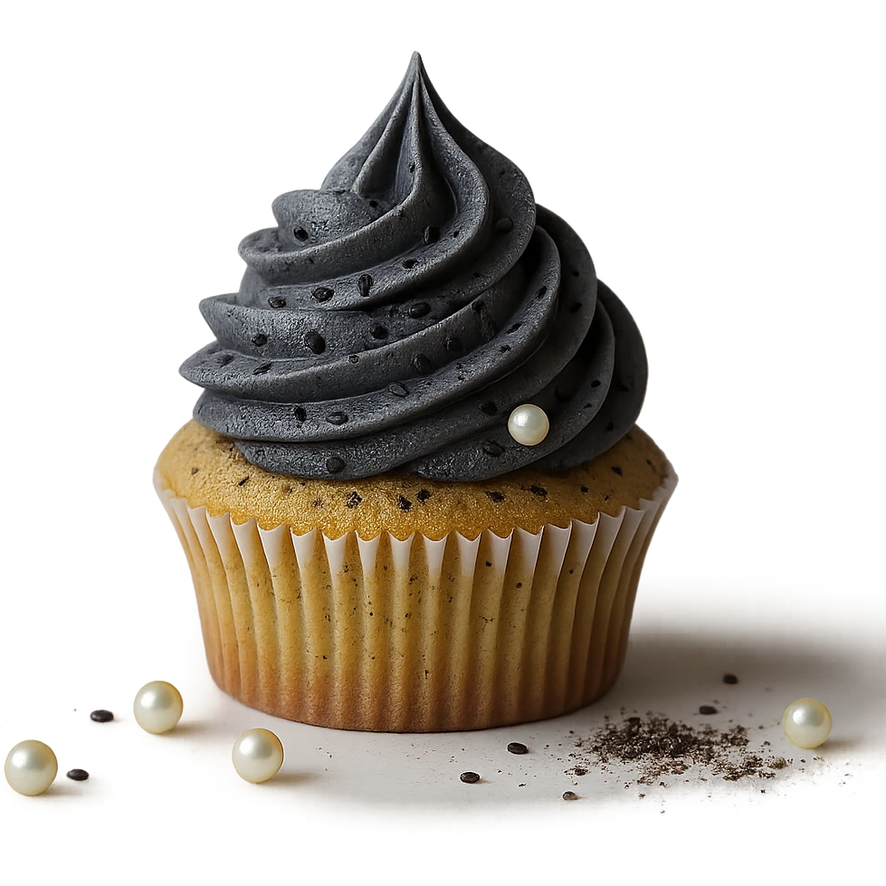 Change the icing to black sesame: dark gray, slightly glossy, speckled with black sesame seeds. Keep the realistic cupcake and accessories in photorealistic style with transparent background. emoji