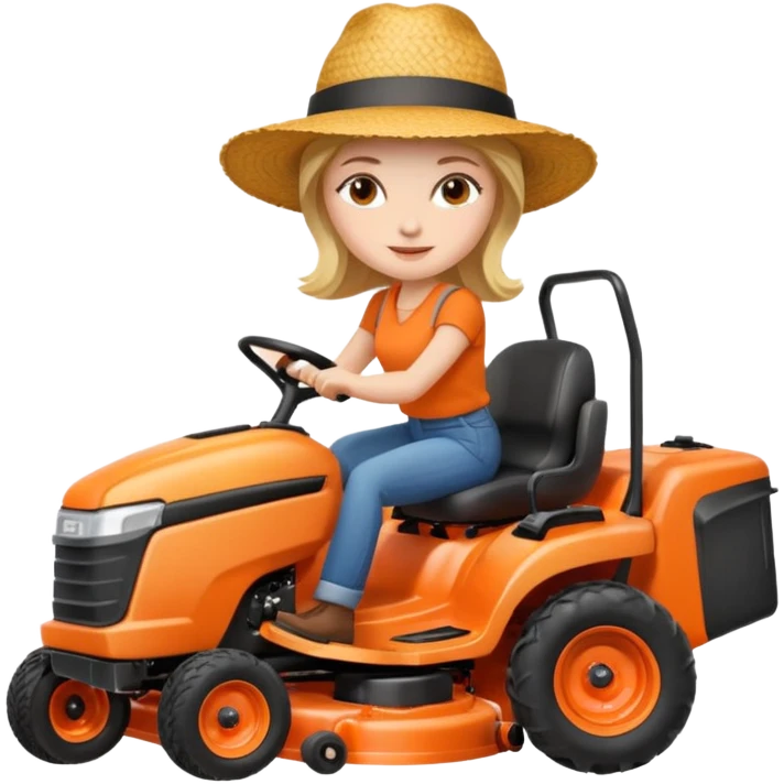 White woman without glasses wearing a straw hat, on orange ride on lawn mower.  emoji