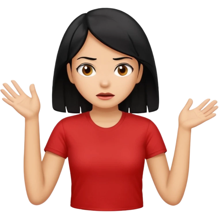 빨간색 티셔츠를 입고 검정머리를 가진 여성이 모르겠다는 듯이 어깨를 올리는 제스처를 하고있음 🤷🏻‍♀️ emoji