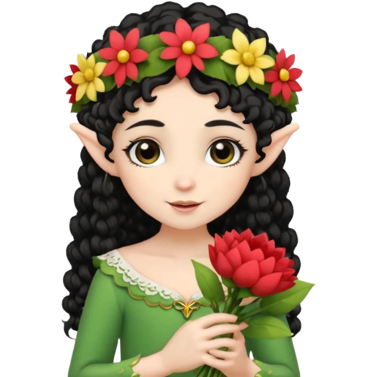 tiny Elf with Flower Crown, curley hair black, with flower bouquet emoji