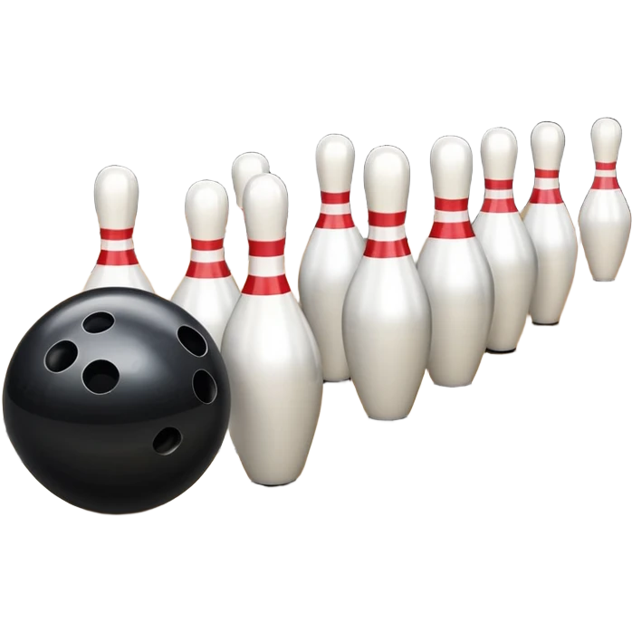 A bowling ball rolling down the lane towards a set of pins, with the pins poised to fall. The scene is set in a bowling alley with bright lights and a polished wooden floor, capturing the excitement and precision of the sport. emoji