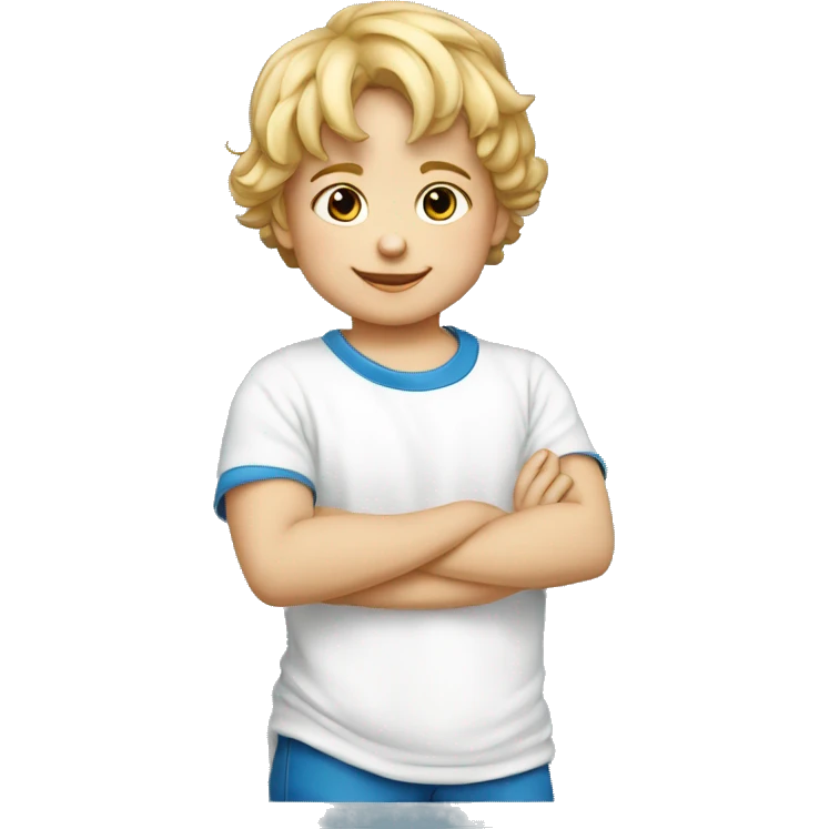 Bebe niño de 2 años rubio vestido de color azul y camiseta blanca emoji