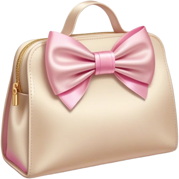 beige cosmetic bag with cosmetics sticking out and a pink bow emoji