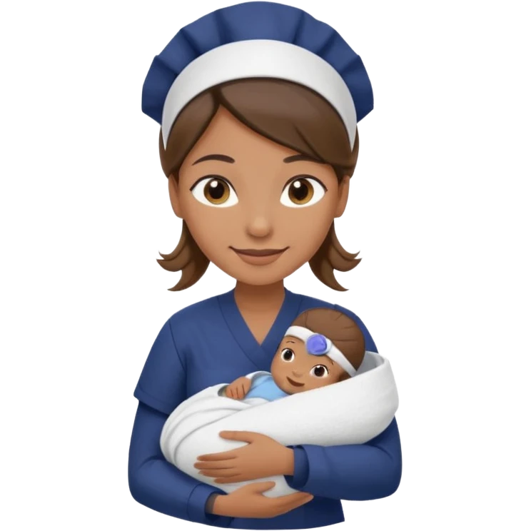 Female nurse smiling with her hair tied up in a roll on the top front of head with medium brown skin and brown eyes holding one new born with navy blue short sleeves emoji