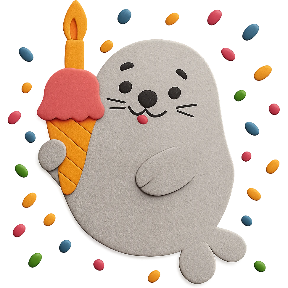 Remove the background so only the chubby seal, candle, and confetti remain, matching the paper-craft style and color palette. Make the background fully transparent. emoji