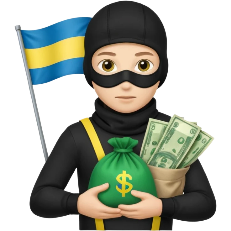 создай украинца в черное одежде и черной балаклаве с большим мешком денег на котором есть флаг страны в руках emoji