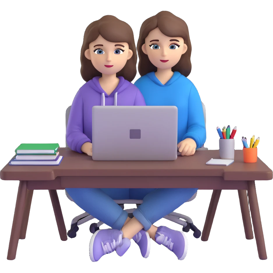 white girl with brown hair and blue eyes, sitting at a desk with a laptop, casual outfit emoji