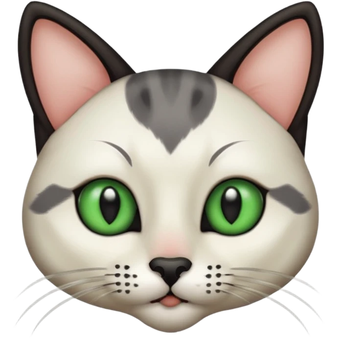 Haz una gata de ojos verdes la cara blanca con mancha negra en las orejas que agarra parte de la frente del lado der pero del iz va desde el ojo hasta la oreja la mancha, tiene la nariz negra en forma de corazón y todo lo que sobra de la cara, barbilla la nariz arriba y el lado de bigotes es blanca emoji