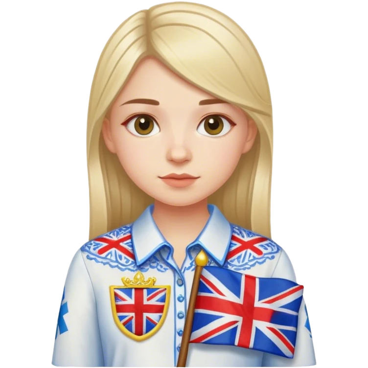 A Ukrainian girl wearing an embroidered shirt and a British flag emoji