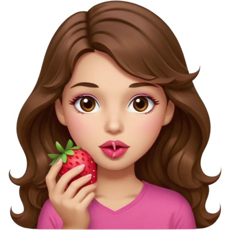 girl with long wavy brown hair, brown eyes, light to medium complexion, in a pink shirt, pink lips, long lashes, sexy , puckering lips kissing, blushing, eating a strawberry sexy emoji