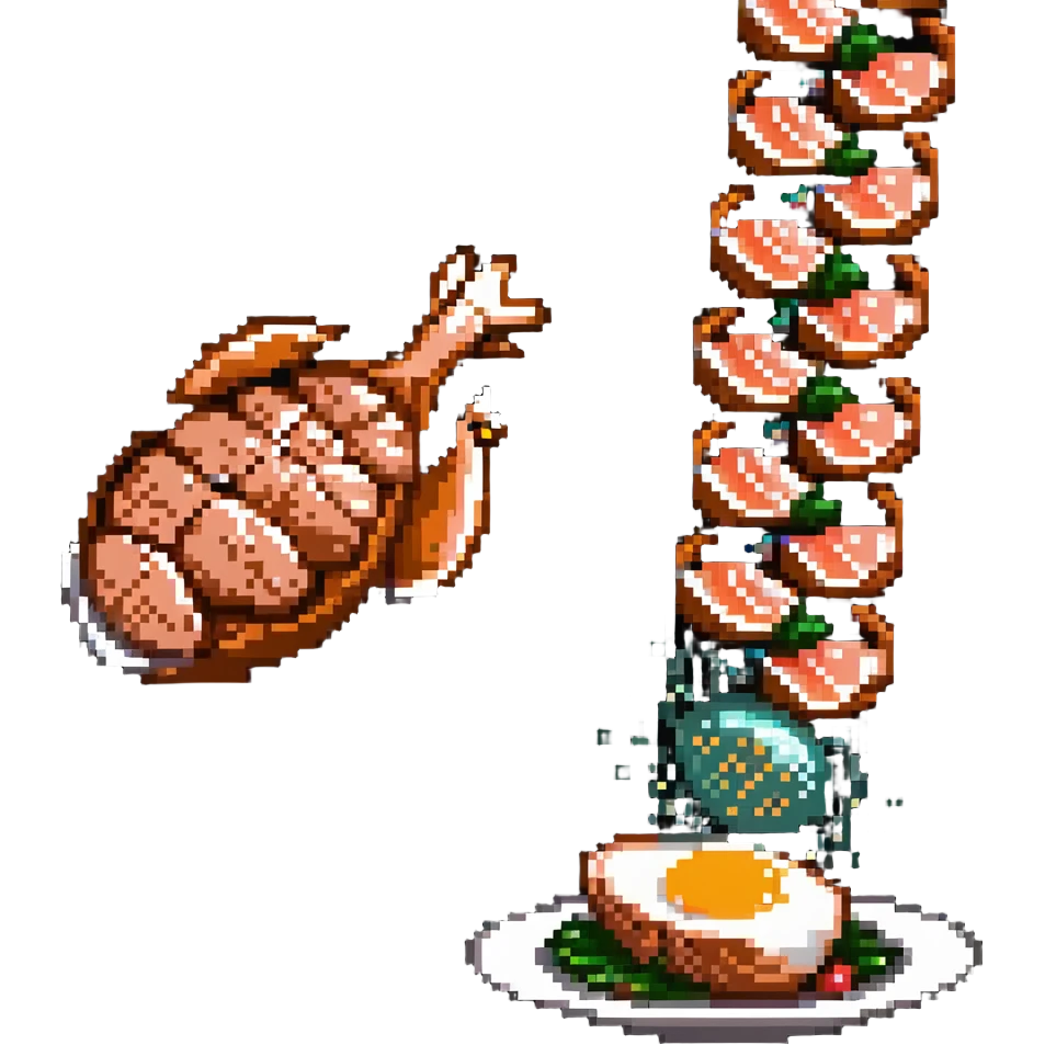 Pixel art protein explosion with chicken breast, steak, salmon, and egg shooting upward from bottom, with sparkle effects, DNA pixel animations around them, and simplified muscle figure outline in background emoji