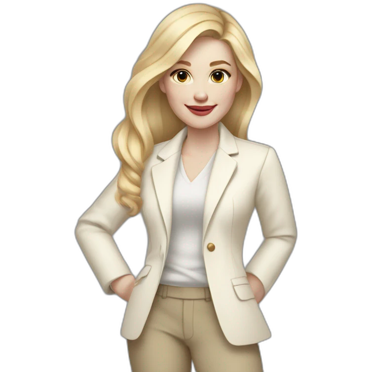 Full height pale skin woman with blonde Straightened Hair to shoulders, White classical jacket, beige Arrow pants holding a color palette in the hands emoji