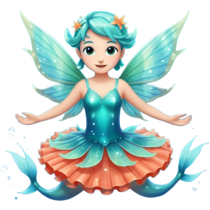 portrait of a small ocean fairy with translucent fins for wings, turquoise skin, coral-like dress, floating above water with sparkles around, joyful pose, front-facing, magical vibe emoji