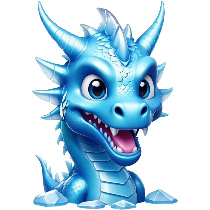 Cinematic Comical Beautiful Ice Dragon Portrait Emoji, Head tilted dramatically with an exaggeratedly amused expression, featuring a striking, glossy icy body with bold, crystalline textures and wide, expressive eyes that shimmer with playful frost, rendered with vibrant, lifelike detail and dynamic, natural shadows, high shine, dramatic yet whimsical, styled with an air of cheeky arctic mischief, soft glowing outline, capturing the essence of a spirited and over‐the‐top ice marvel that looks ready to burst into a flurry of frosty fun! emoji