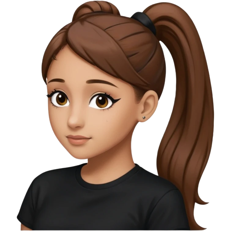 Ariana Grande high ponytaw with brown hair and with black thsirt and and eyeliner emoji