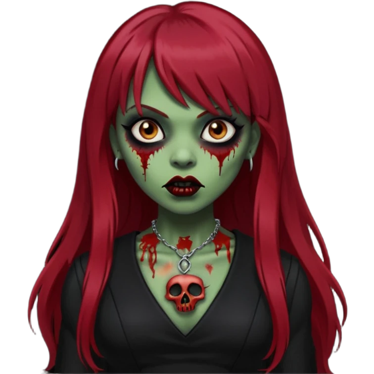 vampira gótica parda zumbi de cabelo longo e vermelho escuro e franja e roupa com decote e batom preto emoji