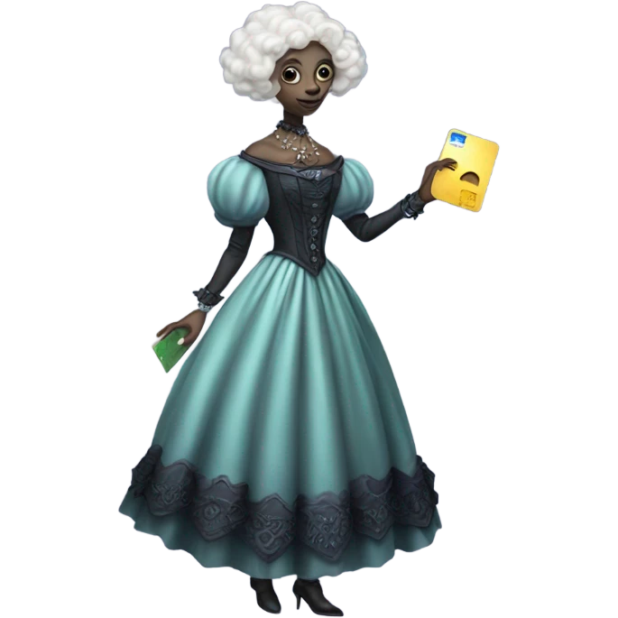 alien galora in Victorian dress elegant, full body, holding big credit card emoji