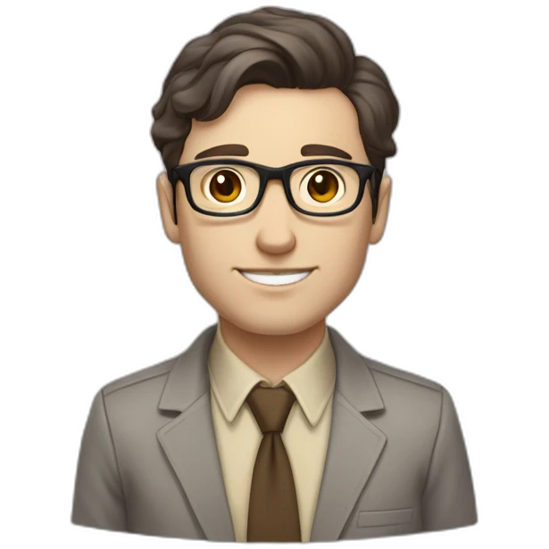 Full height Pale skinned fit man with dark brown hair in gray jacket, beige office shirt, brown tie, brown pants and vintage glasses. His right hand stretched out emoji