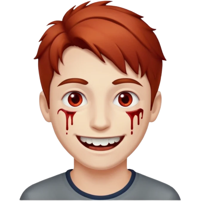 парень с красно-русыми волосами; бледная сероватая кожа; белые глаза; открытая улыбка, где на зубах кровь;  emoji