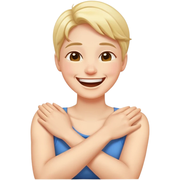 Arms crossed, holding neck, laughing face emoji