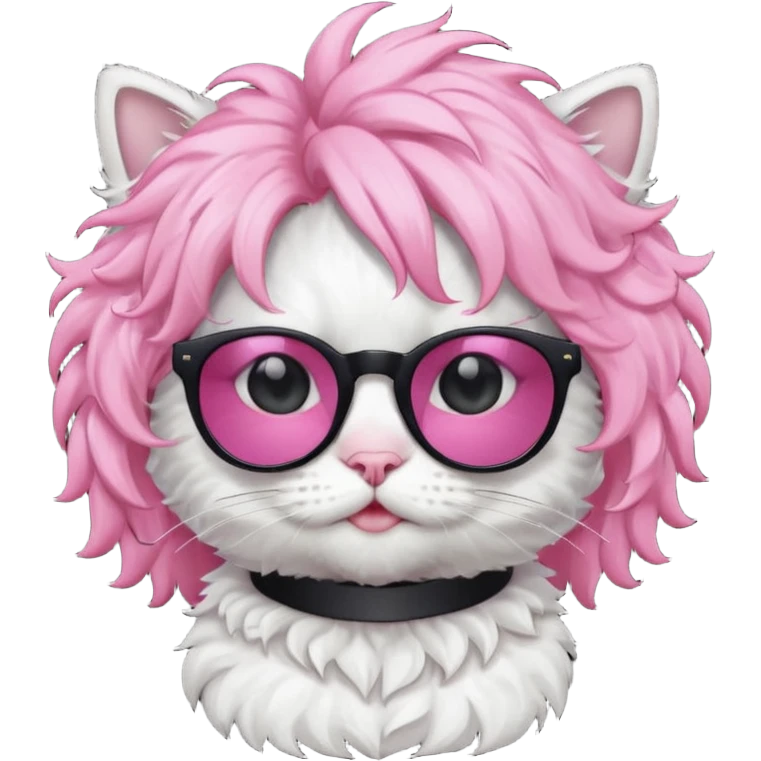 White cat wearing pink curly wig, black sunglasses, black T-shirt emoji