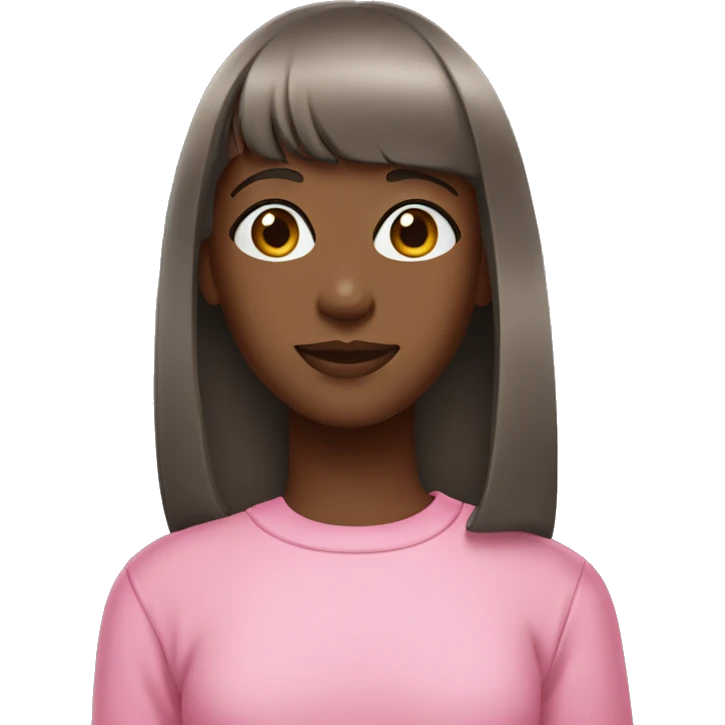 a dark brown skinned girl with straight hair and bangs, wearing a pink sweatshirt. emoji