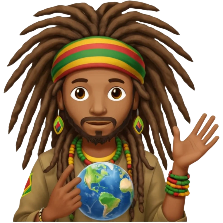 A rasta man bigging up di whole world 🎯🌍👊🏾👊🏻👊🏿🌍🎯 reggae vibes 🎶, love and unity ✨💛💚❤️, every nation stand strong 🇯🇲🌐 with the world in his hand fully of energy and it's obvious reggae music heals the soul maybe put it in text above his heard emoji