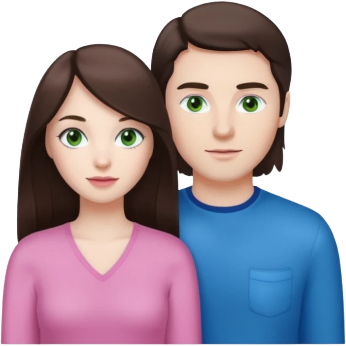 pink polaroid photo of a couple thats white with long brunette hair blue eyes and a white guy with short brunette hair and green eyes emoji