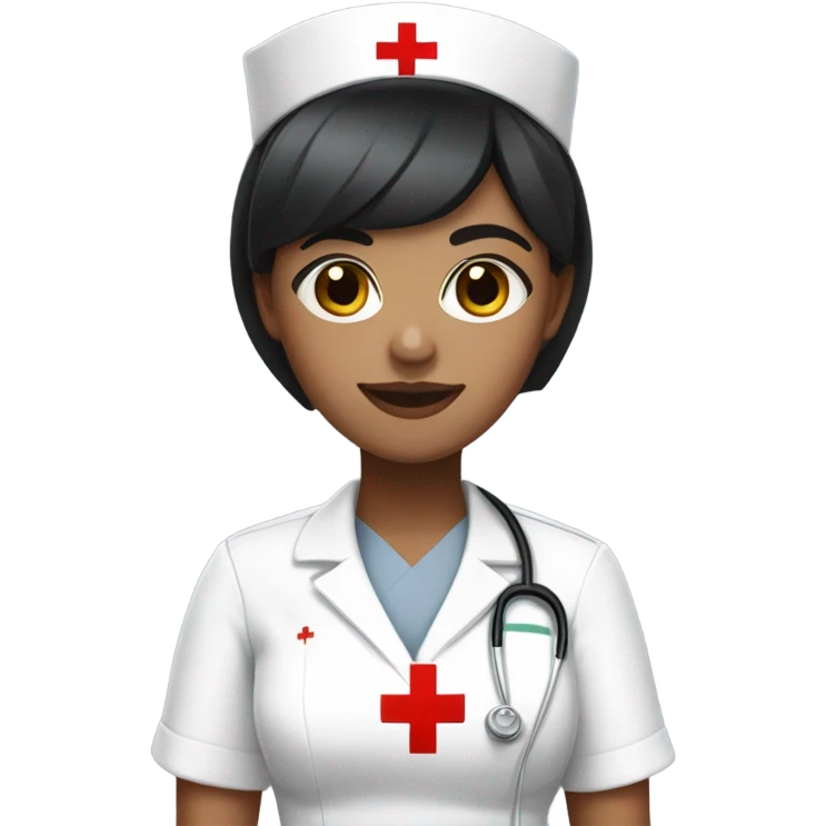 pixie cut black straight hair female nurse with red cross sign hat wearing dress
white skin color emoji