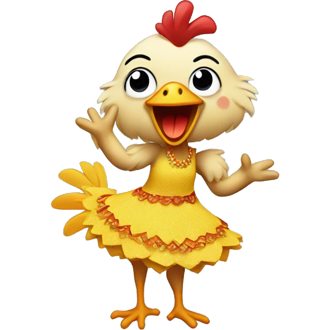 A chicken dancing forró dressed in a dress emoji