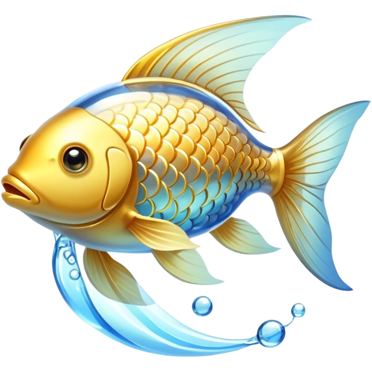 Ethereal golden fish with translucent glowing scales transforming into or carrying a shining golden omega-3 capsule. The fish appears magical and flowing, with streams of light connecting it to the capsule. Both elements emit a soft radiant glow in a dreamy atmosphere with subtle blue undertones. emoji