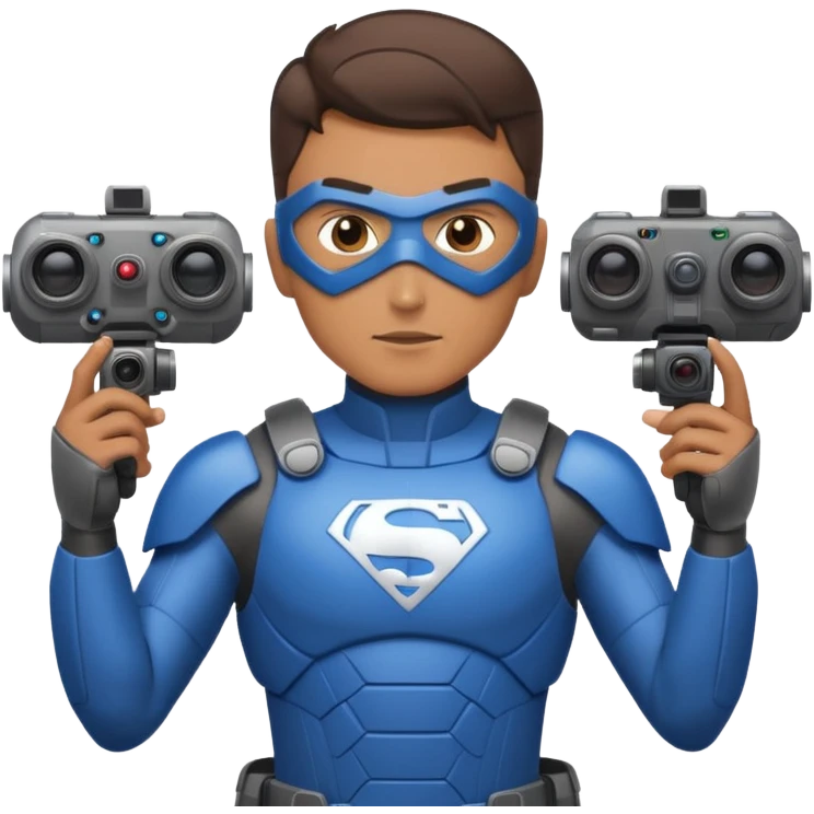 Un photographe homme high tech, une armure de terrain à la super héro. Il a des appareils photos, des caméras embarquées et un drone derrière lui en hauteur. emoji