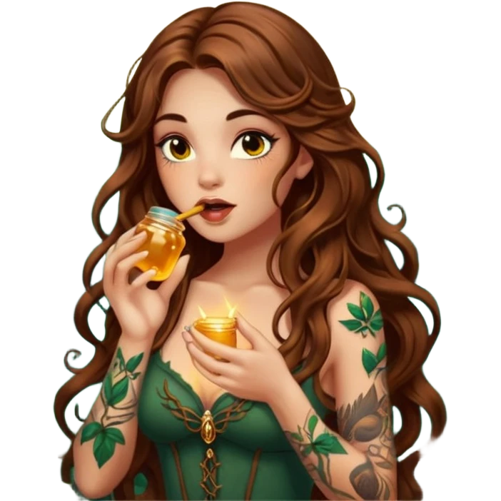 woman with long wavy brown hair, tattoos, forest mystic outfit, licking glowing honey from fingertip, flirty eyes emoji