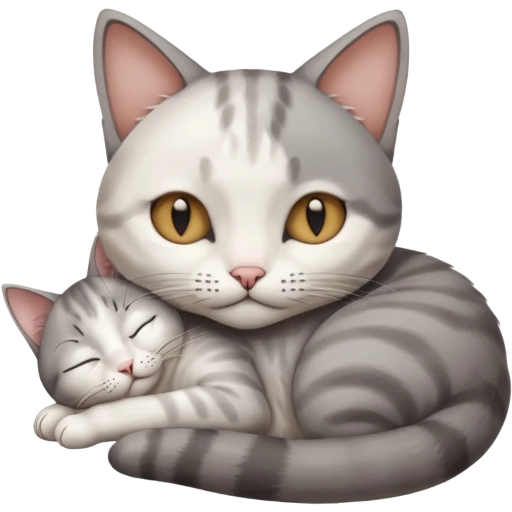 grey and white small cat with its eyes closed lying down leaning on his elbow with his paw curled under his head holding it up emoji