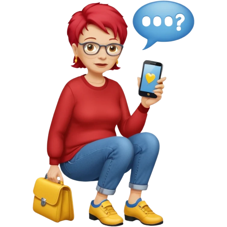 An old lady with red hair, wearing a red shirt, blue jeans, yellow shoes walking in a park holding a cell phone with a text bubble that says Have you checked in to the meetup? emoji