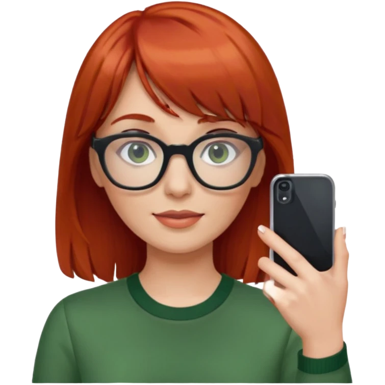 red haired woman with bangs, glasses, green blouse holding her phone having selfie emoji