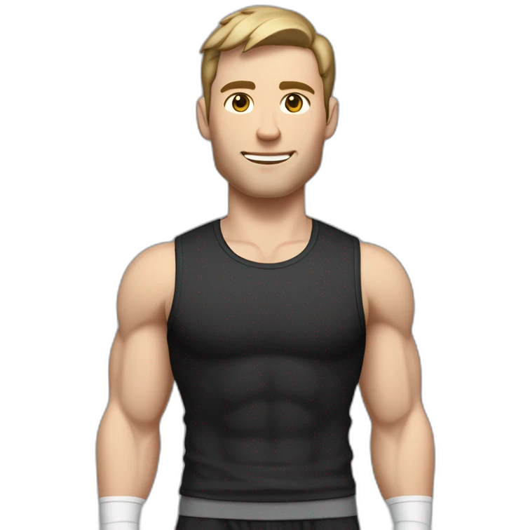 Pale skinned Fit Man With the biceps and dark brown hair in black shirt, gray sports shorts and white Sneakers His right hand near his back of the head emoji
