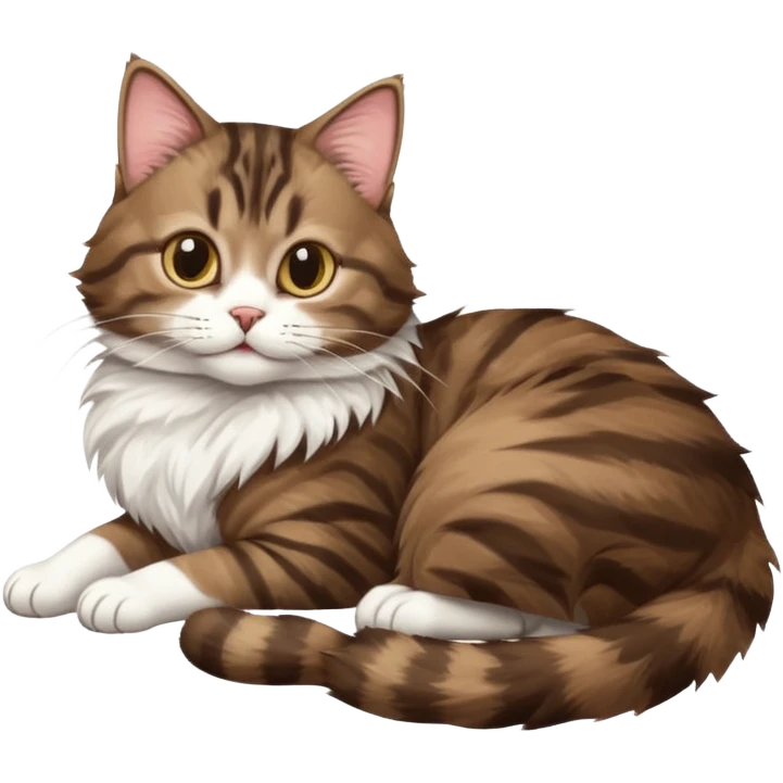 dark brown tabby and white cat with doing a big extremely long stretch reaching up into the air with arms and legs side by side together straight and overextended whilst lying on its side emoji