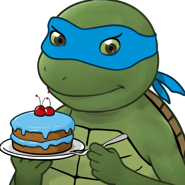 lady ninja turtle wearing blue eye mask eating cake with blue icing emoji