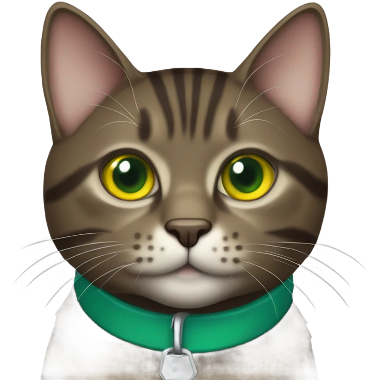 Dark brown tabby cat blue collar yellow green eyes emoji