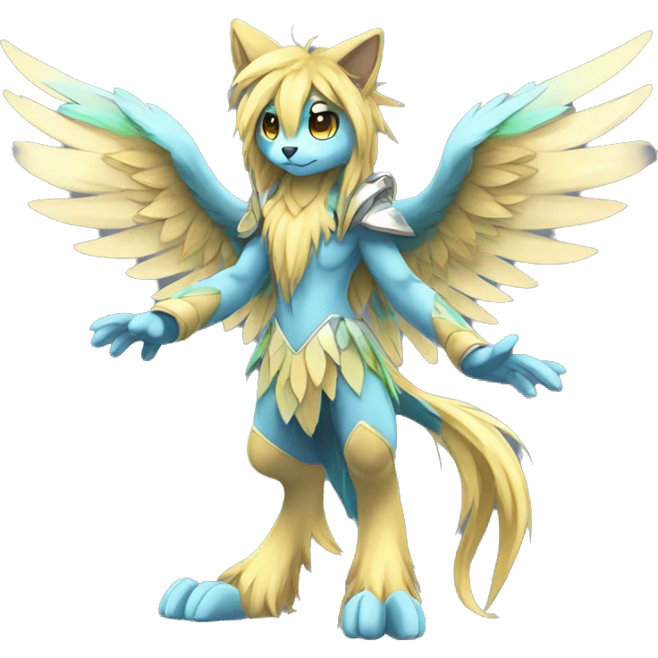 Anthro Sona Cool Edgy Cute Colorful Shy Winged Shiny Fakemon-Fantasy-Creature With Long Hair-Mane Full Body emoji