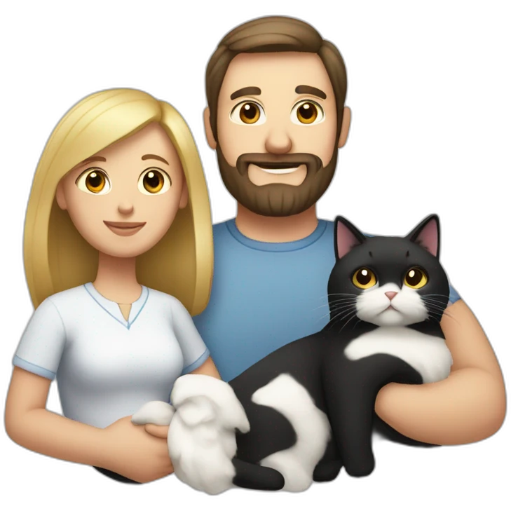 Family photo a fat husband with a beard is holding a white cat and wife with straight hair is holding a black cat emoji