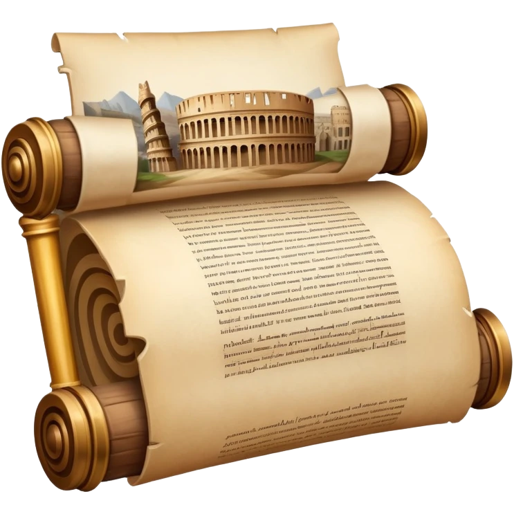 An icon featuring an ancient scroll, surrounded by famous historical landmarks and statues of notable figures, like the Colosseum or Napoleon. The design symbolizes the exploration of history through monuments and people. Transparent background highlights the pas emoji