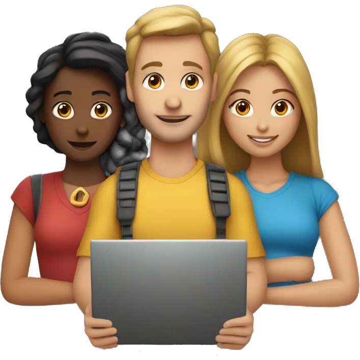 2 girl and 3 man each of them holding laptop and sit together  emoji