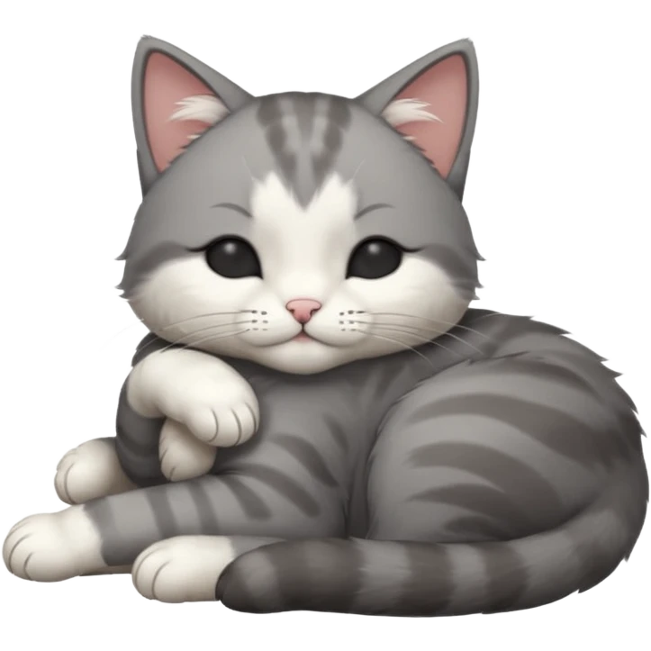 dark grey and white small cat with his eyes closed, leaning his head on his paw while leaning on his elbow lying down emoji