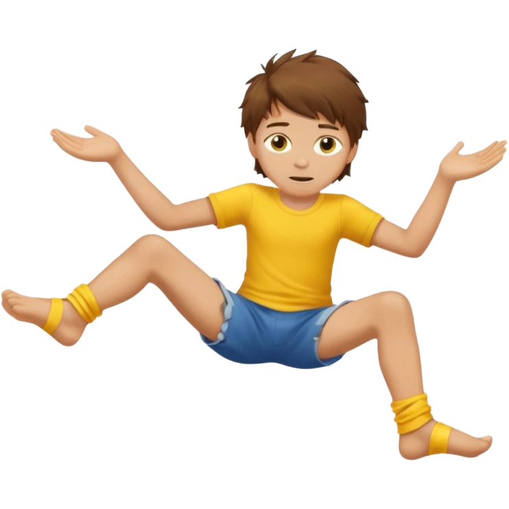 barefooted boy with messy brown hair and yellow skin spreading his legs emoji