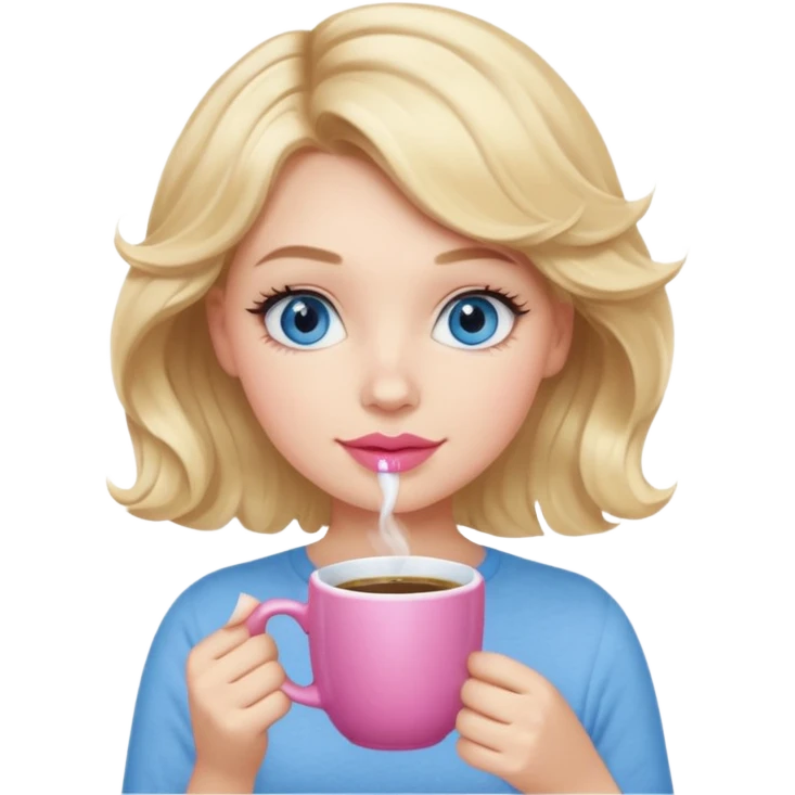 Girl Blonde short wavy hair,  blue eyes, cute blue top, long lashes, pink lips, holding white hot coffee mug emoji